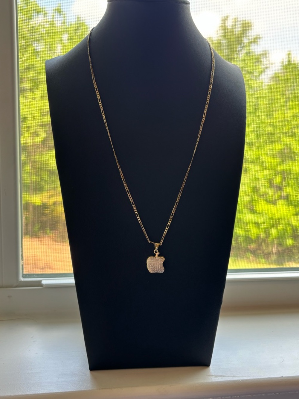 Gold Plated Apple Pendant Necklace Pave Crystal Charm Figaro Chain Dainty Trendy - Picture 3 of 9